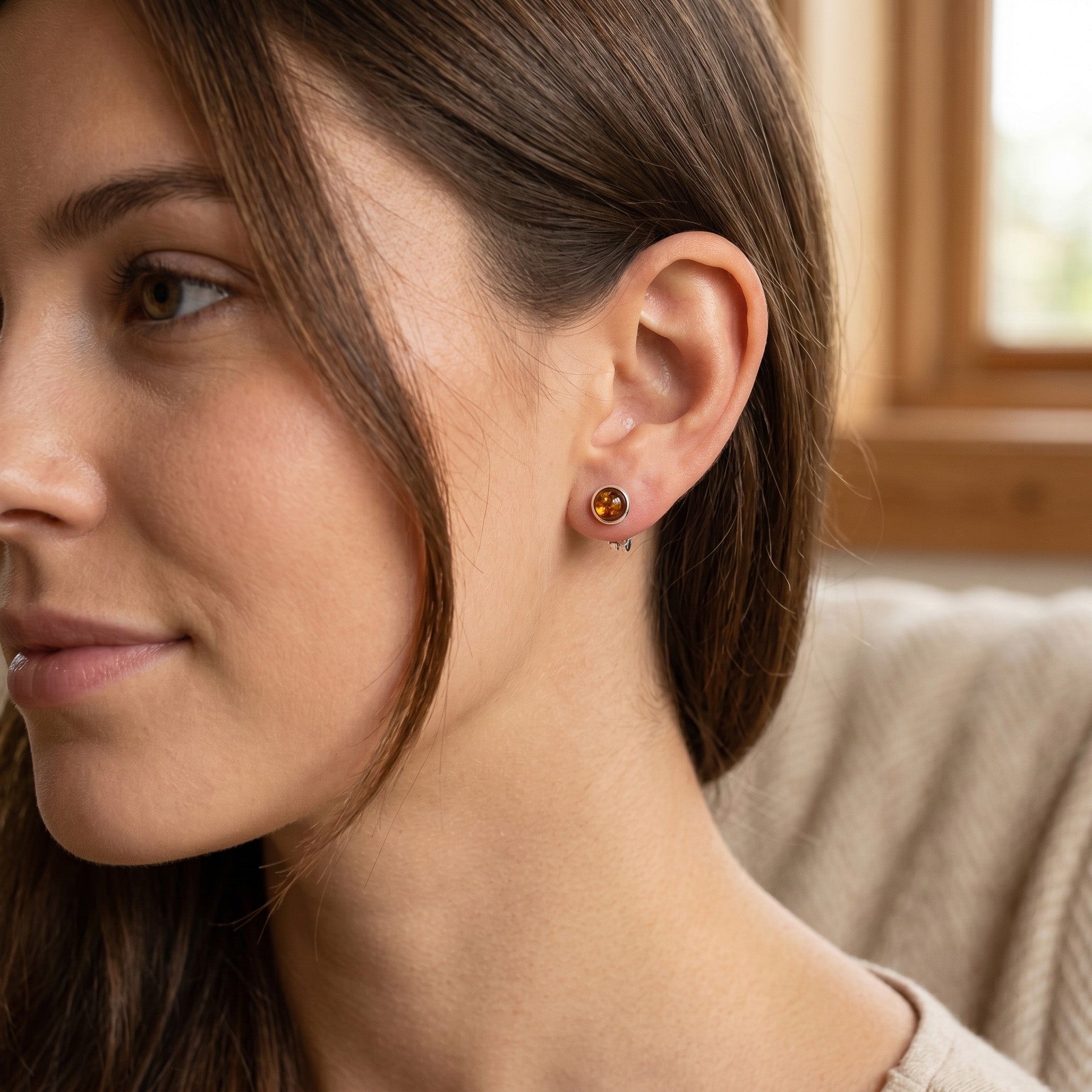 Sterling Silver & Baltic Amber Round Stud Earrings