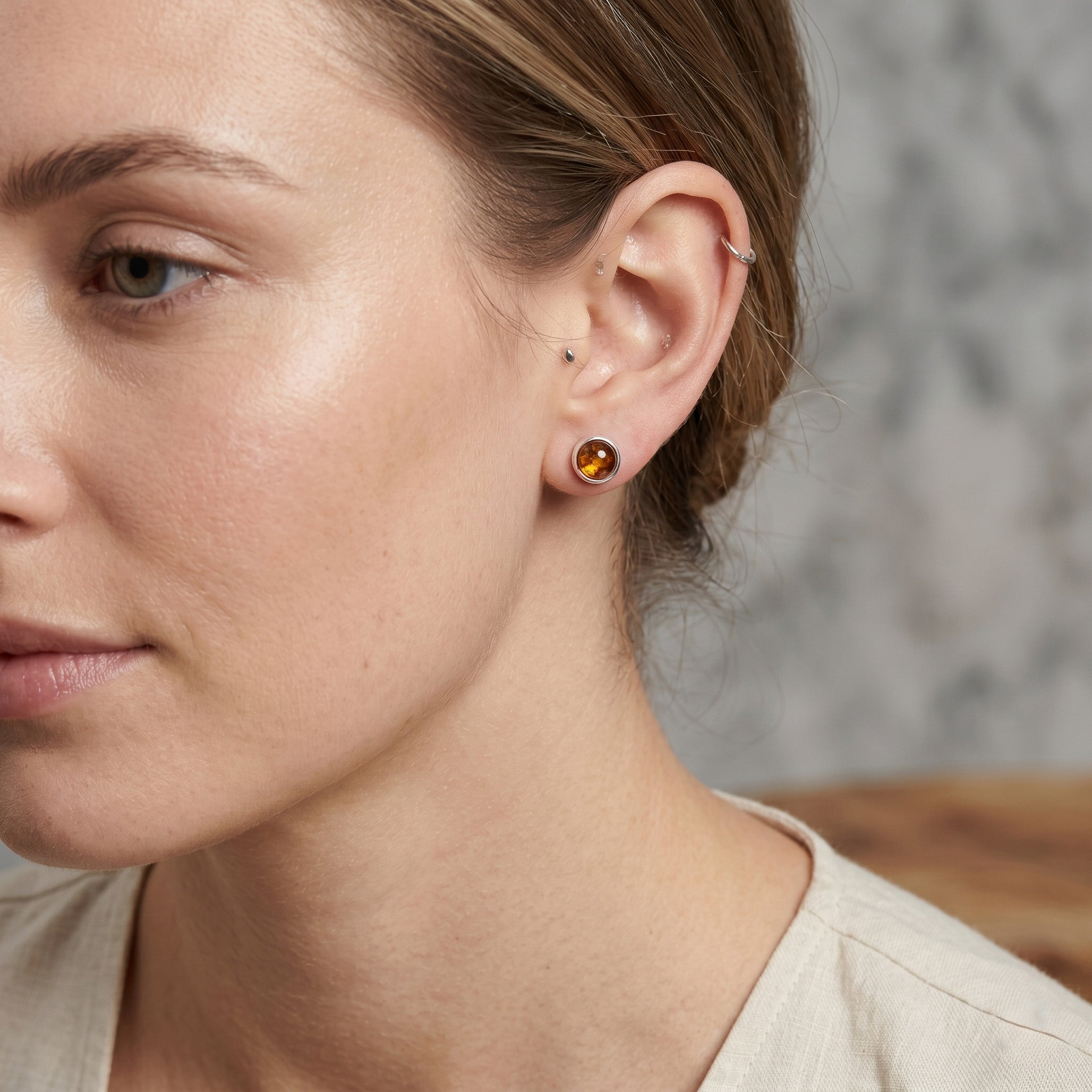 Sterling Silver & Baltic Amber Round Stud Earrings