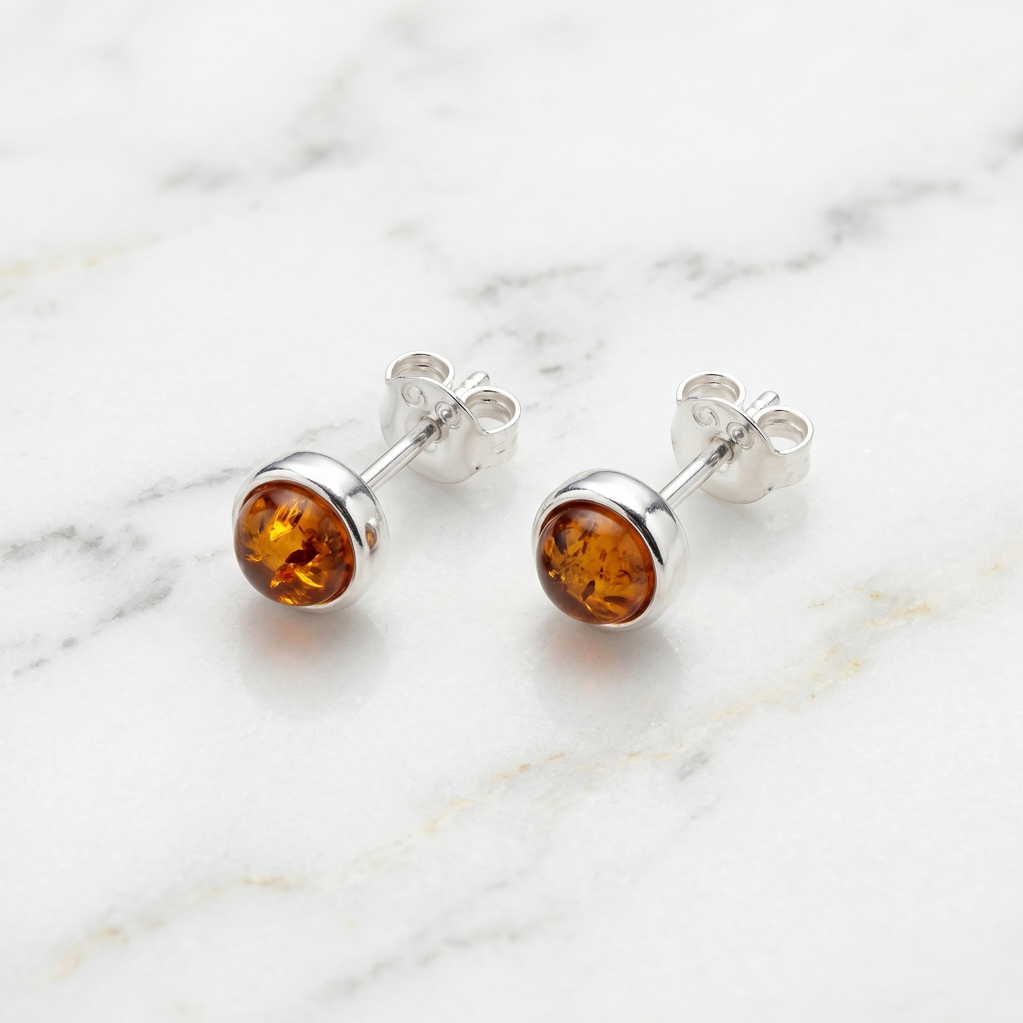 Sterling Silver & Baltic Amber Round Stud Earrings