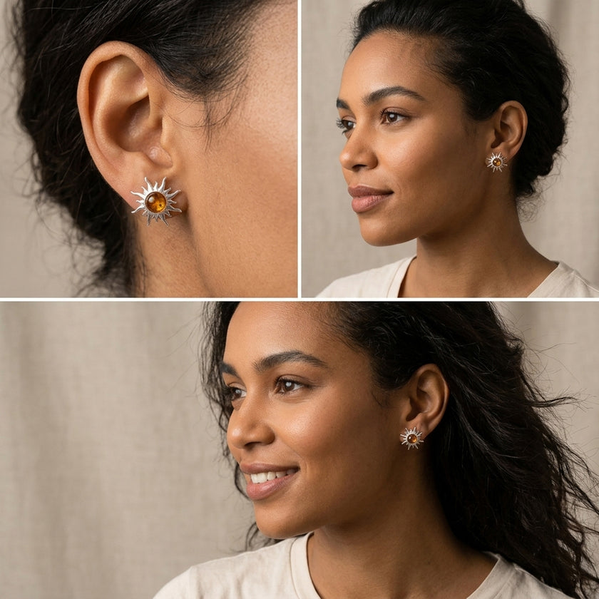 Sterling Silver & Baltic Amber Sun Earrings