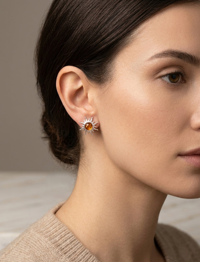 Sterling Silver & Baltic Amber Sun Earrings