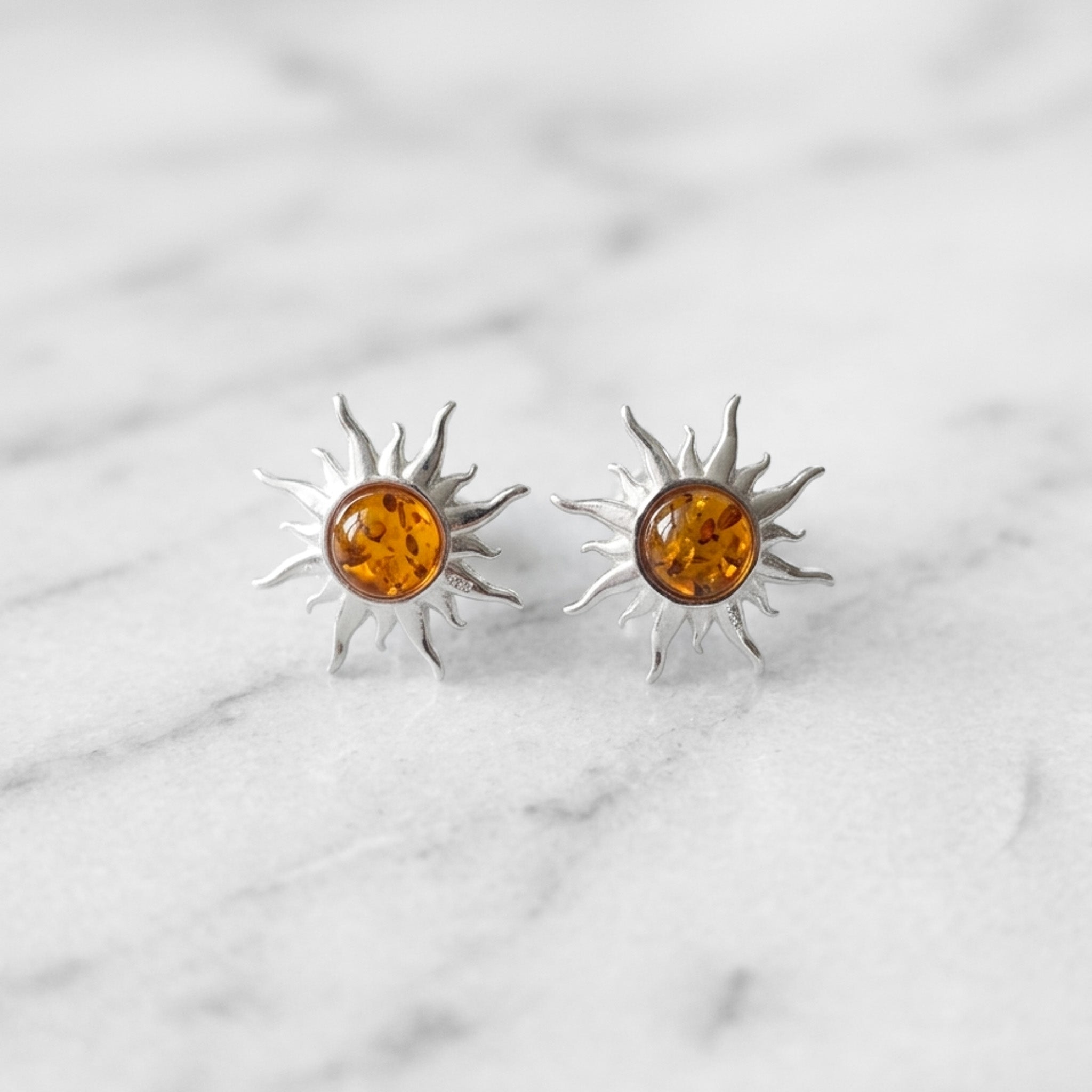 Sterling Silver & Baltic Amber Sun Earrings