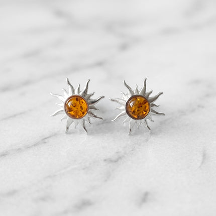 Sterling Silver & Baltic Amber Sun Earrings