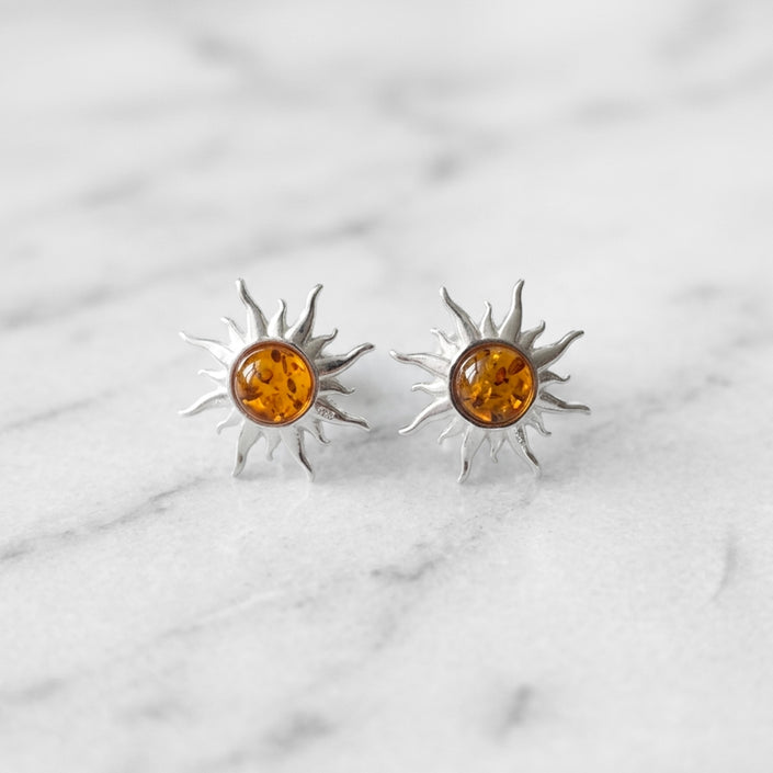 Sterling Silver & Baltic Amber Sun Earrings