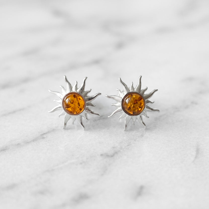 Sterling Silver & Baltic Amber Sun Earrings
