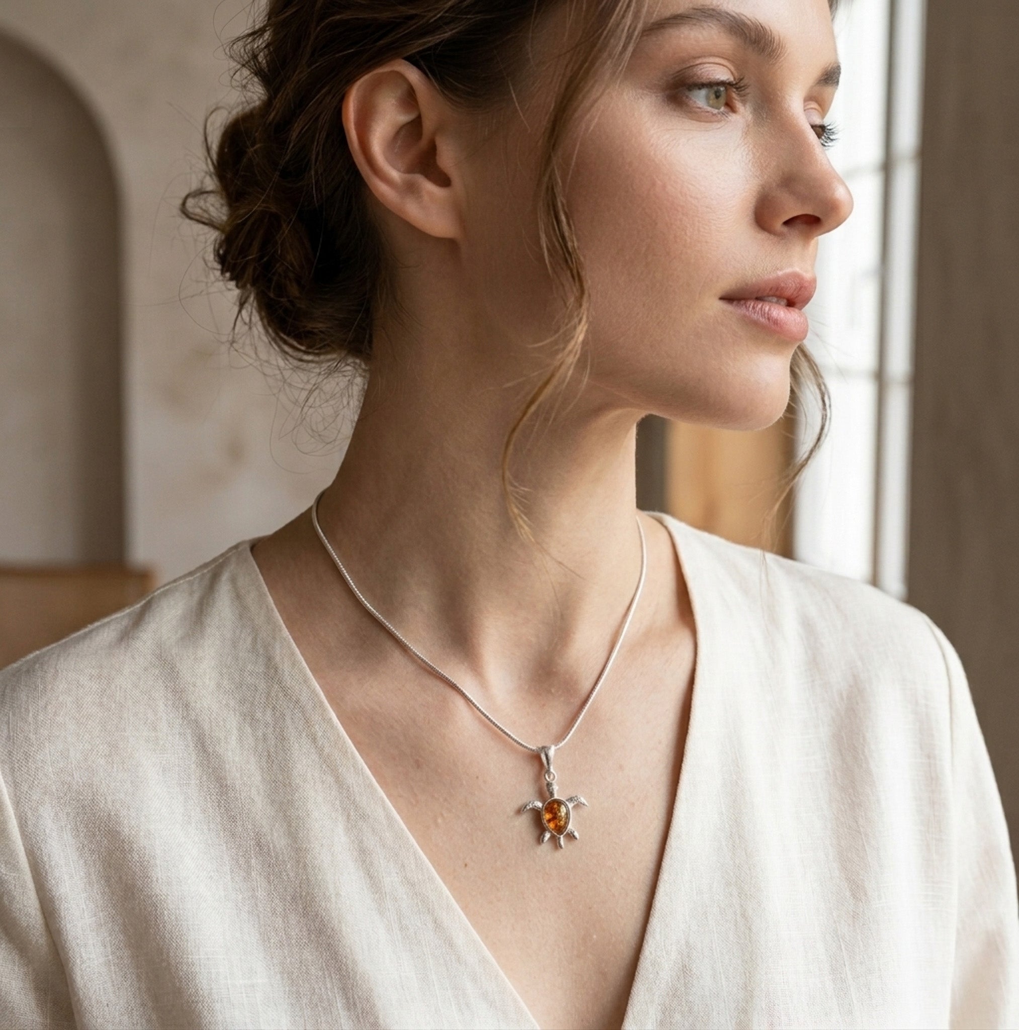 Sterling Silver & Baltic Amber Turtle Pendant
