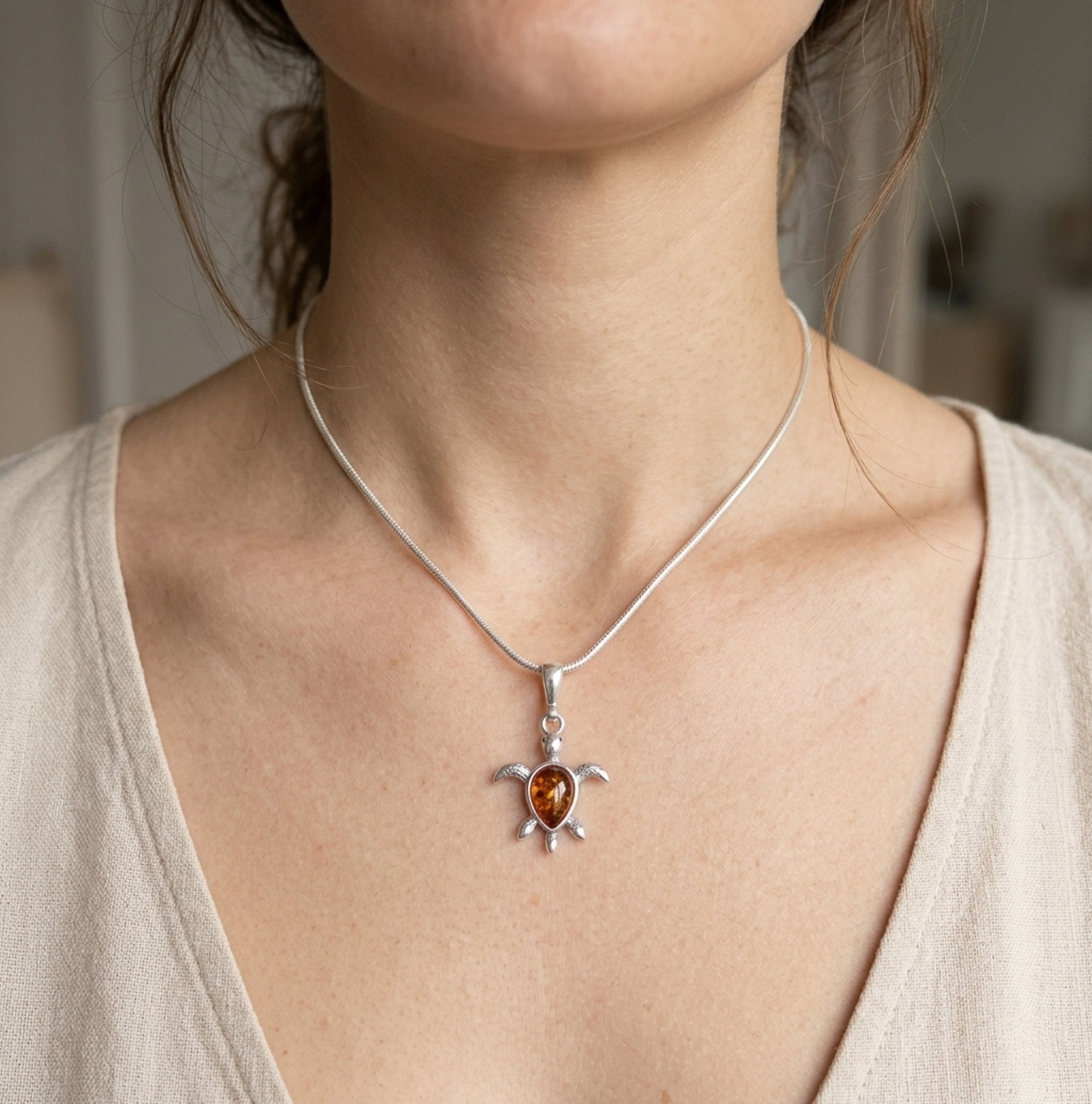 Sterling Silver & Baltic Amber Turtle Pendant