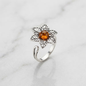 Sterling Silver & Baltic Amber Jonquil Flower Ring