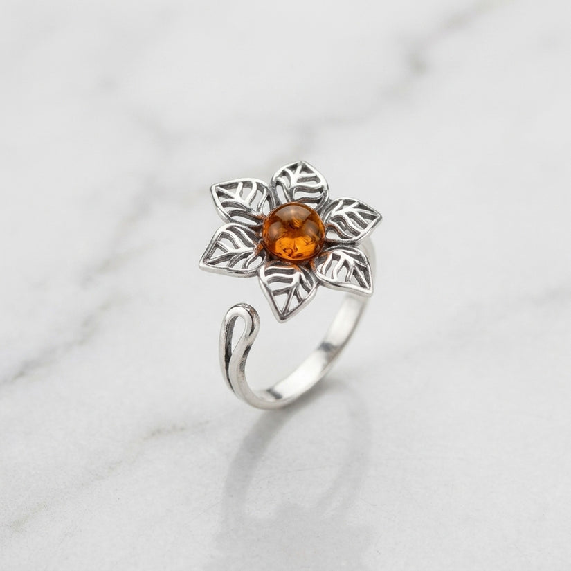 Sterling Silver & Baltic Amber Jonquil Flower Ring