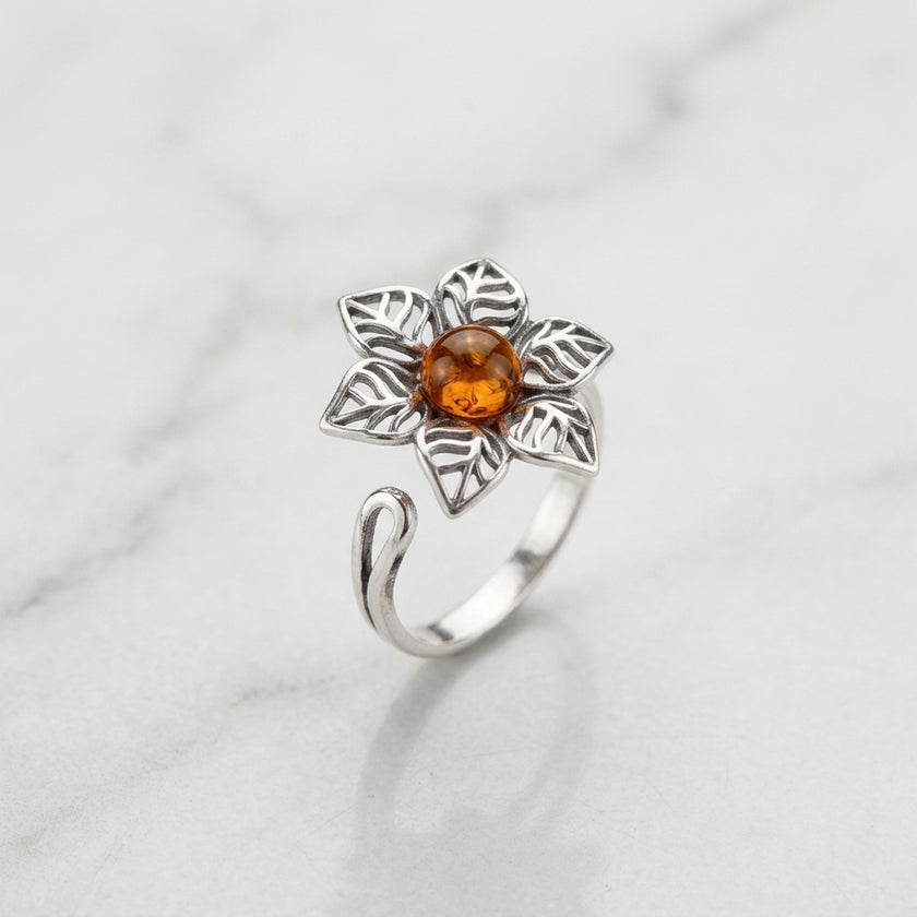 Sterling Silver & Baltic Amber Jonquil Flower Ring