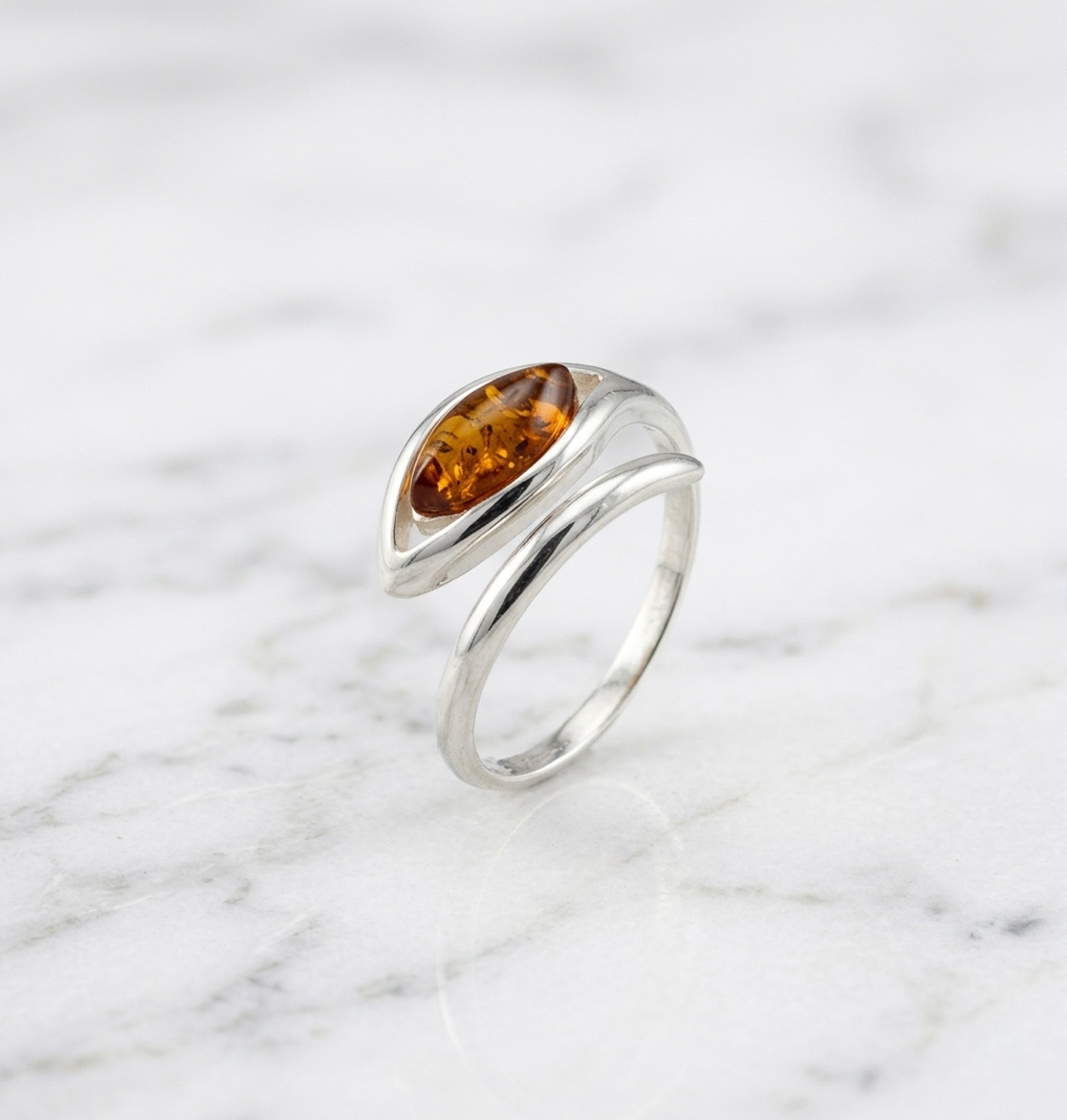 Sterling Silver & Baltic Amber Eye-Shaped Ring