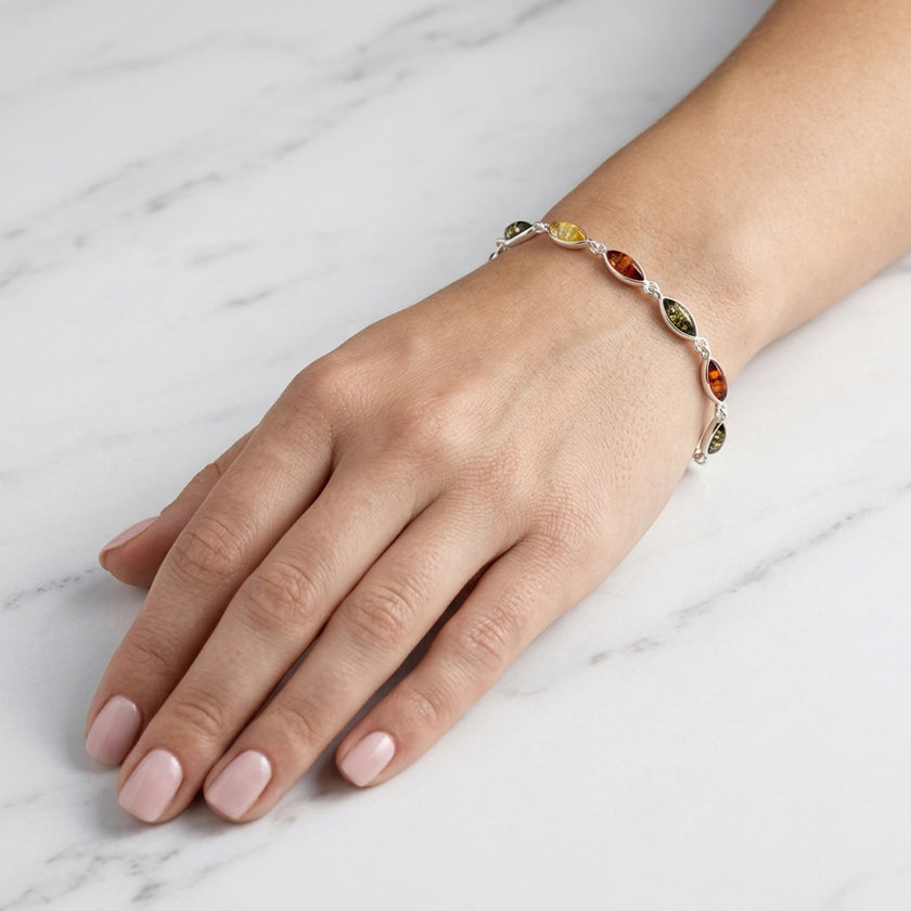 Sterling Silver & Baltic Amber Eye-Shaped Bracelet