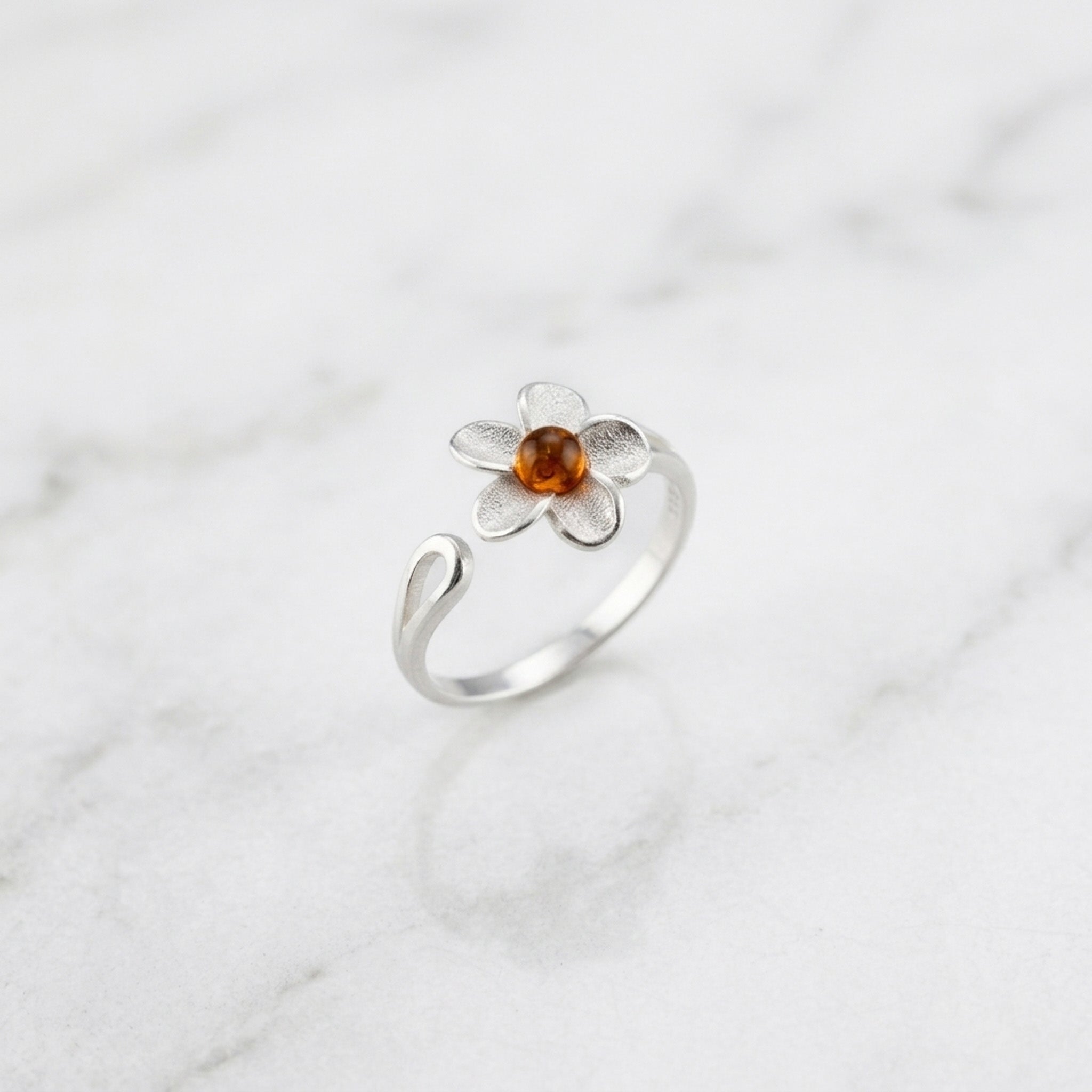 Sterling Silver & Baltic Amber Daisy Flower Ring