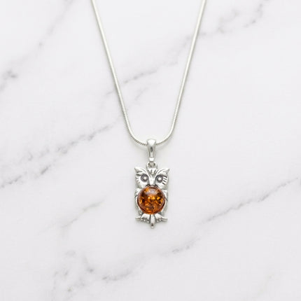Sterling Silver & Baltic Amber Owl Pendant