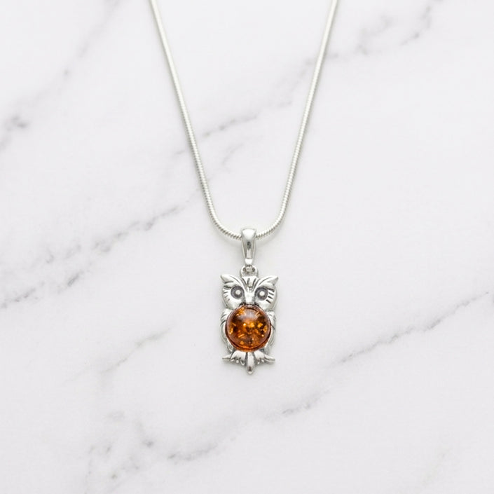 Sterling Silver & Baltic Amber Owl Pendant