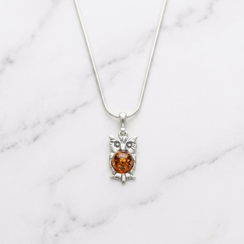 Sterling Silver & Baltic Amber Owl Pendant