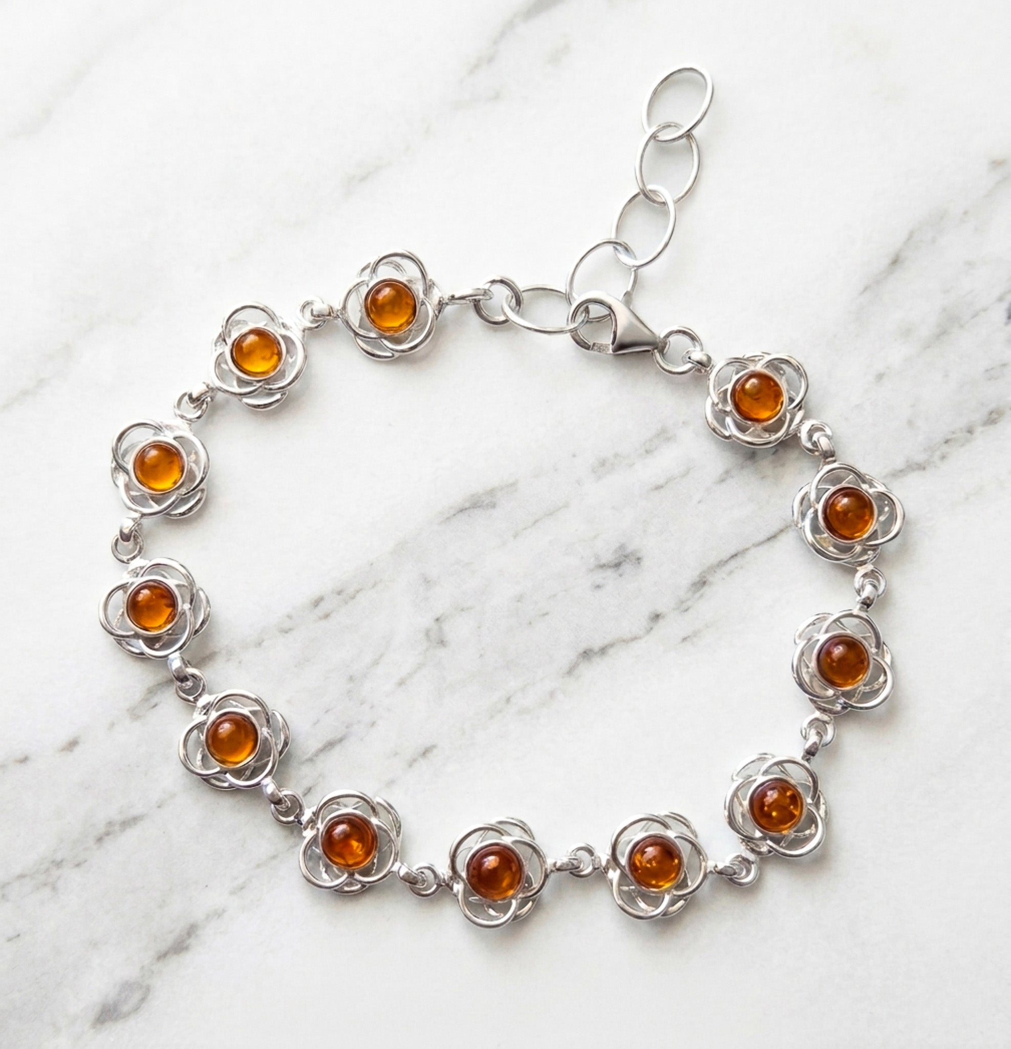 Sterling Silver & Baltic Amber Poppy Flower Bracelet
