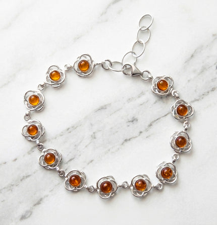 Sterling Silver & Baltic Amber Poppy Flower Bracelet
