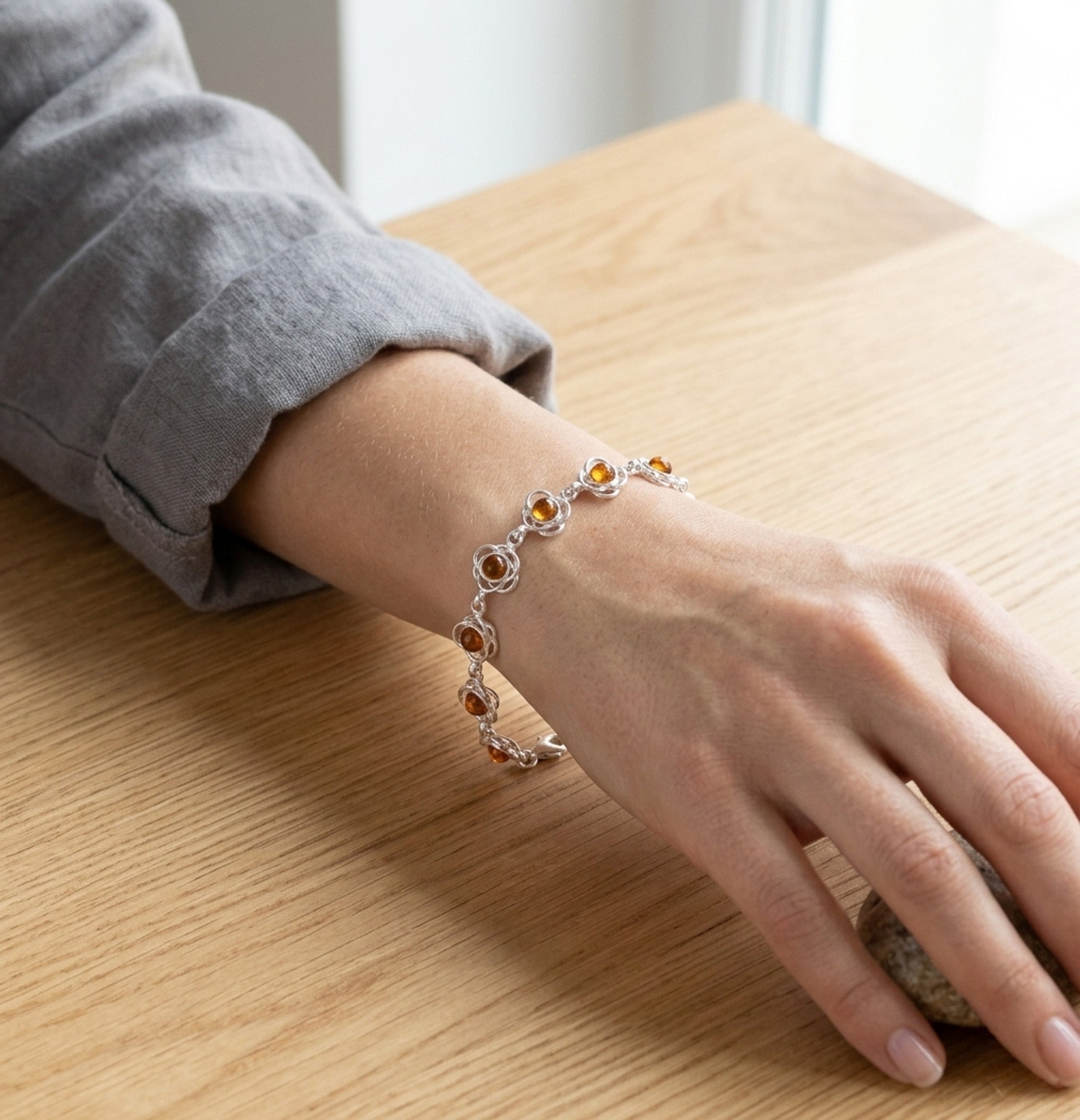 Sterling Silver & Baltic Amber Poppy Flower Bracelet